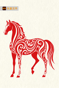 红色花纹骏马剪纸图案