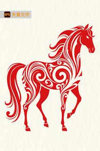 红色剪纸风奔腾骏马图案