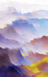 梦幻多彩山峦水彩画