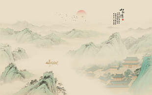 新中式古风国画山水背景墙壁画