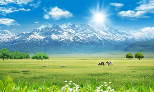 蓝天白云大草原雪山