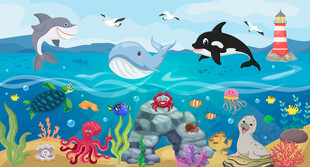 卡通海洋动物可爱鲸鱼海底背景墙
