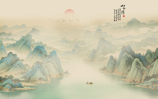 新中式水墨国画山水背景墙壁画