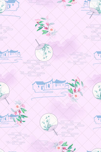 淡粉底水彩中式风景图案