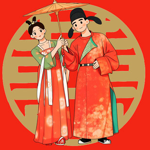 古风中式结婚情侣手绘