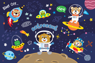 太空动物宇航员卡通火箭星球背景