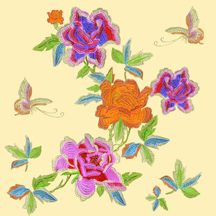中式花卉蝴蝶刺绣图案