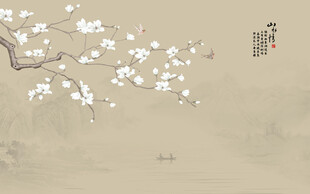 新中式玉兰花鸟画背景墙壁画