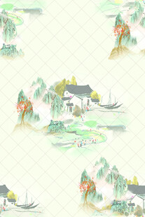 中式山水风景无缝图案