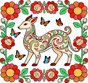 花卉环绕的精美小鹿图案