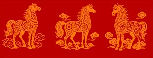 三匹金纹骏马红色背景图