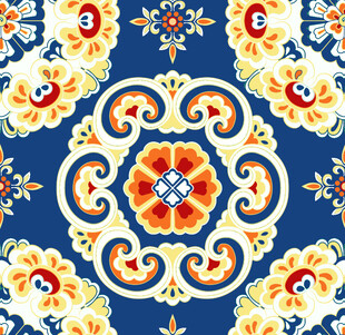 蓝色底花卉民族风图案