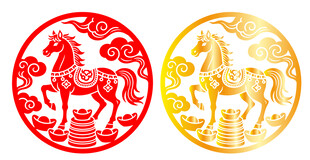 圆形红金色剪纸马窗花