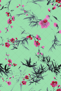 浅绿色底花卉竹叶图案