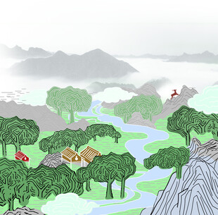 插画 水墨风山林溪流田园美景