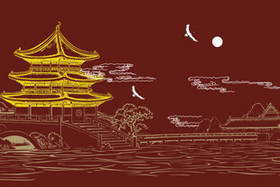 新中式楼阁皇宫山水刺绣背景墙