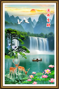 流水生财瀑布玄关山水画