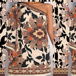 单肩花卉图案时尚连衣裙