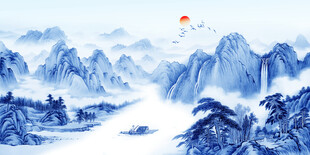 蓝色山水画