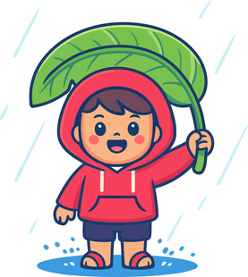 雨中撑叶的红衣萌娃