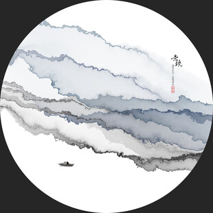 水墨山水圆形意境图