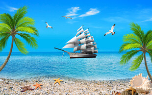 蓝天大海沙滩椰树背景墙