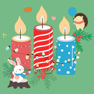 冬季圣诞节蜡烛兔子刺猬动物插画