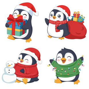 企鹅戴帽子彩灯礼盒圣诞节插画