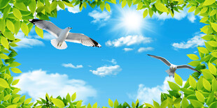 蓝天白云绿叶天花吊顶壁画