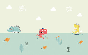 卡通恐龙 草地玩耍 男孩房场景