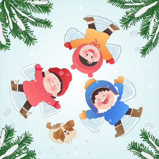 冬季雪天孩子和小狗户外玩耍滑雪