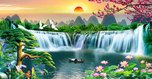 高山流水瀑布山水画