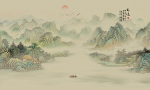 新中式古风国画山水背景墙壁画