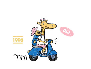 长颈鹿与女孩骑踏板车插画