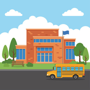 学校场景中的校车与建筑