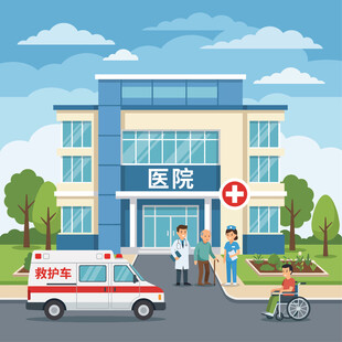 现代简约医院建筑与救护车矢量插