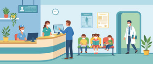 现代医院分诊台与儿科候诊区矢量