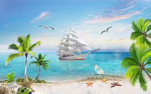 蓝天白云椰树大海背景墙