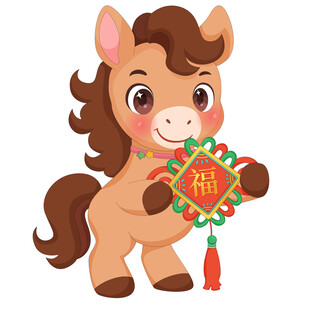 春节过年小马驹红色中国结插画
