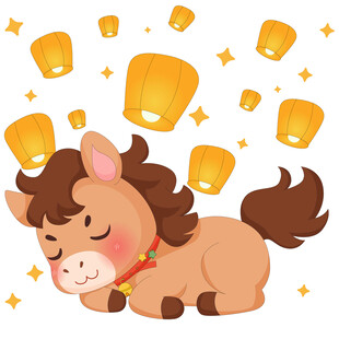 春节过年小马驹睡觉做梦孔明灯