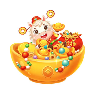 金元宝盆里的可爱招财小马