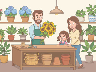 男店主花店卖花插画