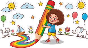 女孩抱巨大铅笔彩虹绘画