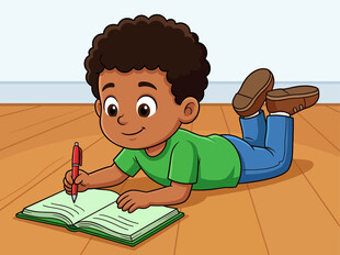 小男孩趴着专注写作业