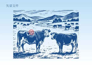 奶牛素描插画版画