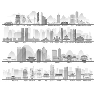 西安陕西城市建筑线描插画地标
