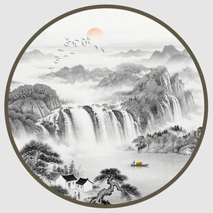 圆形水墨山水画