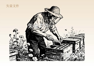 蜂农素描 养蜂人插画