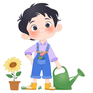 孩子做家务洒水壶浇花打扫卫插画