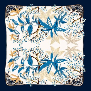 蓝白花鸟图案精美丝巾